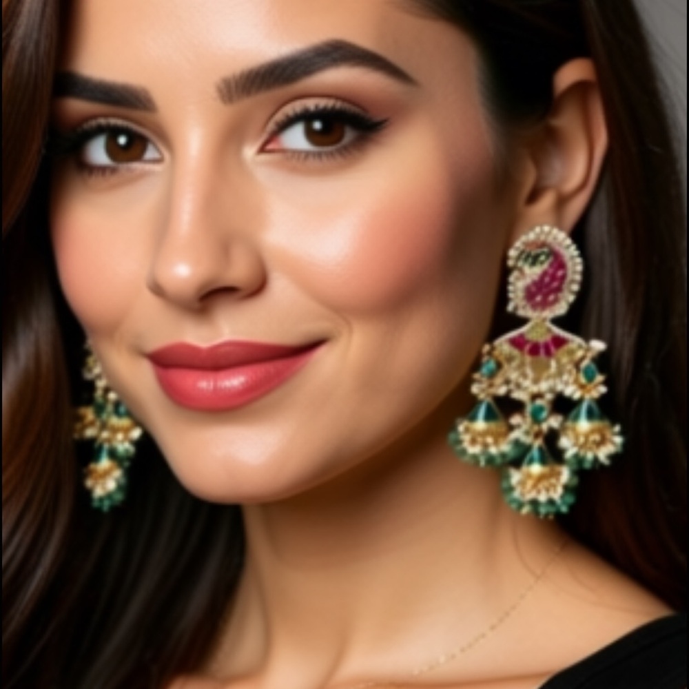 Kundan polki emerald and ruby stone Statement Earrings with pearls